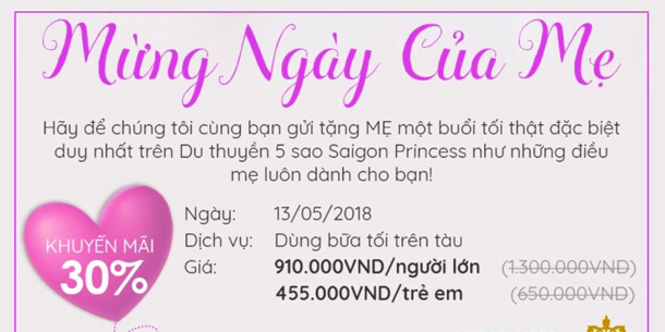[Ưu đãi siêu hấp dẫn] CHỈ 910K cho BỮA TỐI TRÊN DU THUYỀN 5 SAO trong "NGÀY CỦA MẸ 13/5"