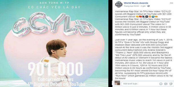 World Music Awards dành "cơn mưa" lời khen cho Sơn Tùng MTP cùng MV "Có Chắc Yêu Là Đây" 