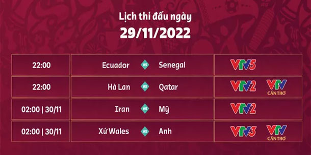 Chi tiết lịch thi đấu World Cup 2022 hôm nay 29/11